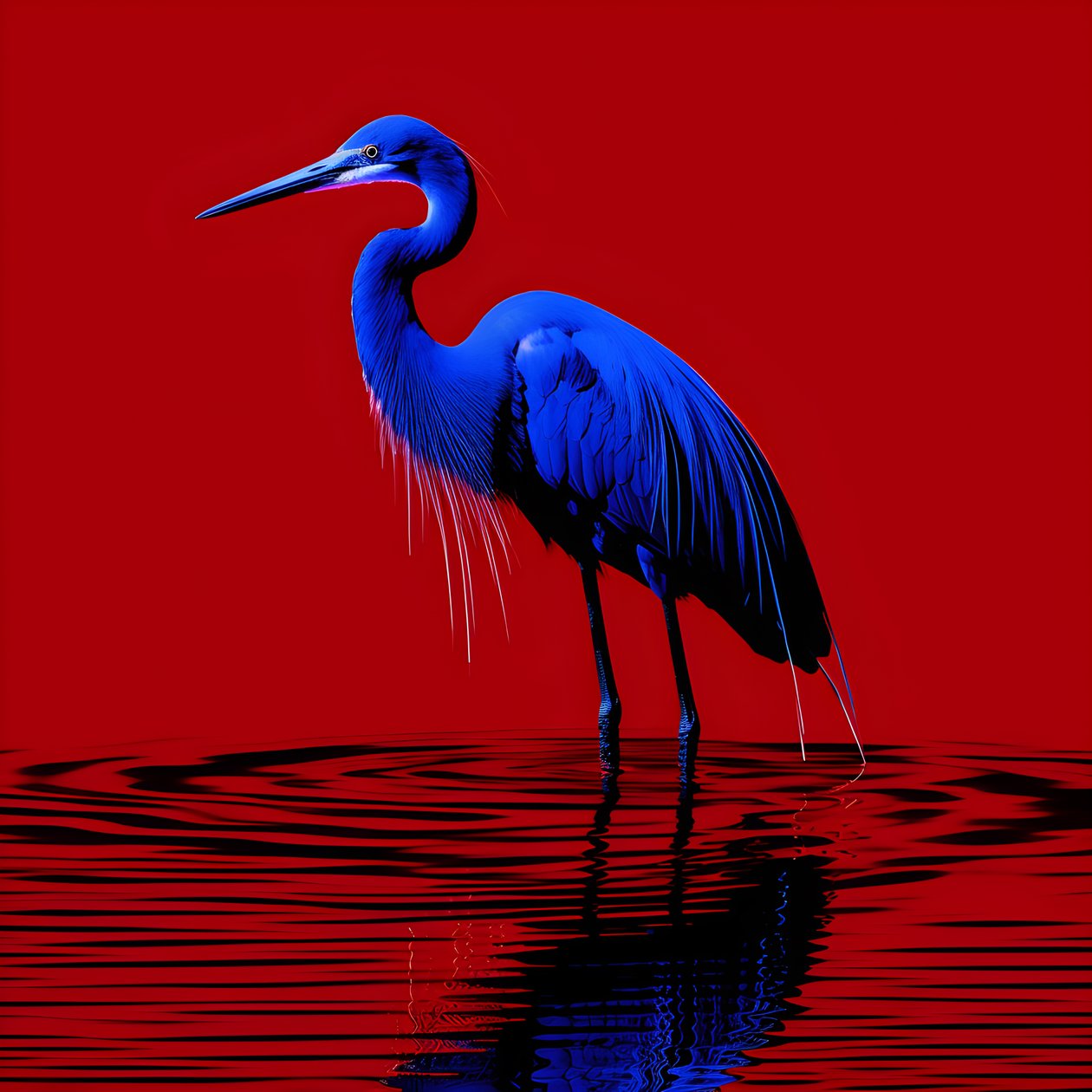 Synthwave digitale Kunst eines exotischen kobaltblauen Reihers auf rotem Papier von Kurt Heppke