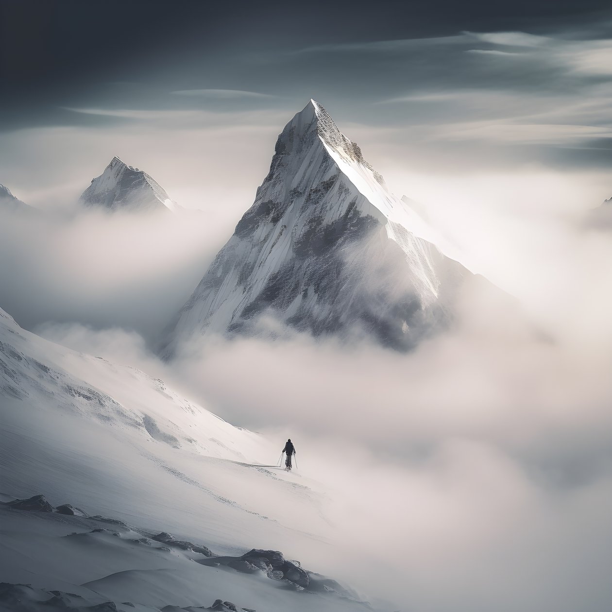 Zwei Menschen beim Skifahren über einem wolkenverhangenen Berg von Kurt Heppke