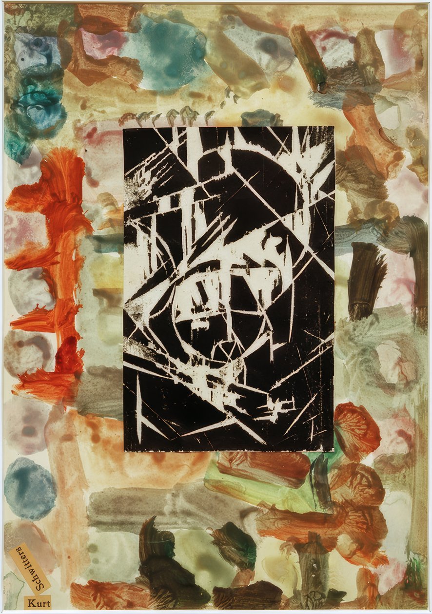 Ohne Titel (Collage mit Holzschnitt auf abstrakter Malerei) von Kurt Schwitters