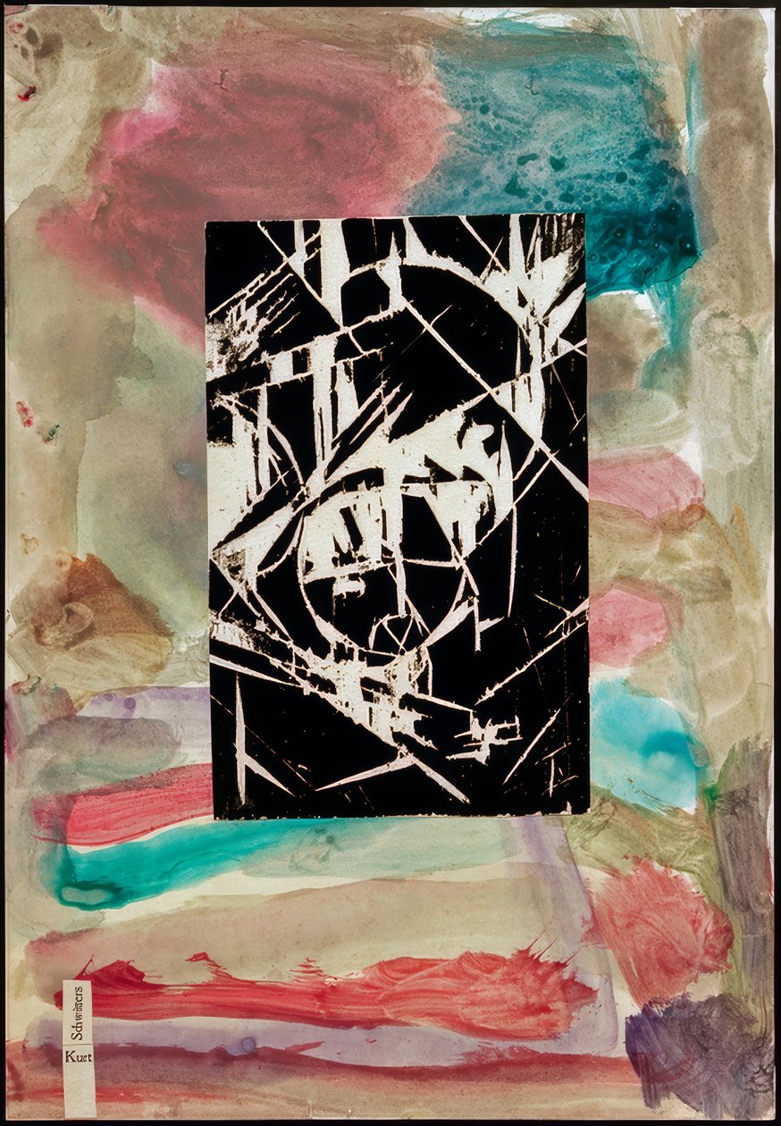Ohne Titel (Collage mit Holzschnitt auf abstrakter Malerei) von Kurt Schwitters