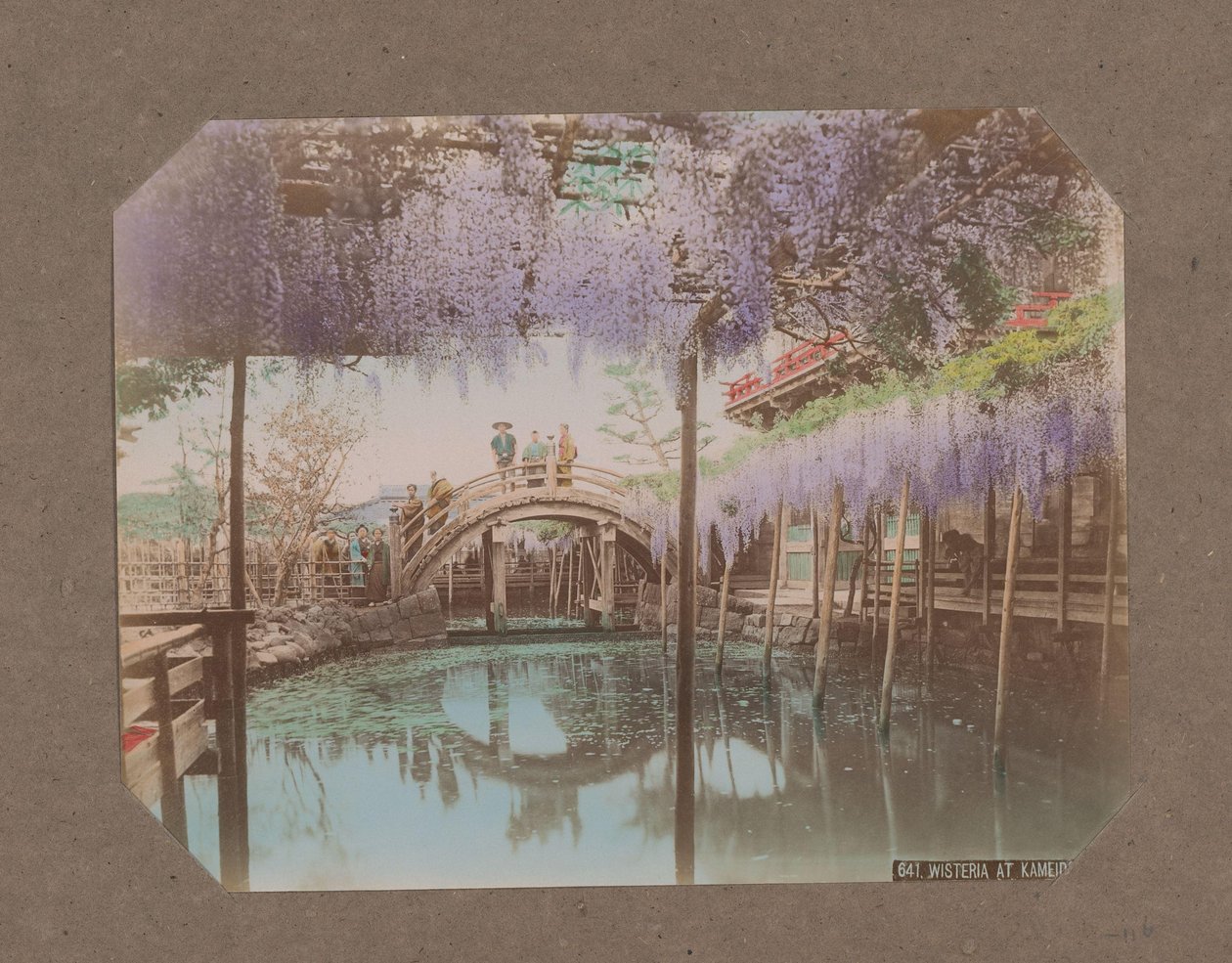 Menschen auf einer Brücke, im Vordergrund blühender Blauregen, in Kameido, Tokio, Japan von Kusakabe Kimbei