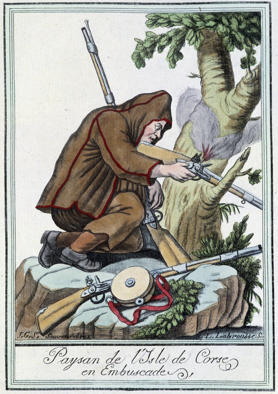 Bauer von der Insel Korsika im Hinterhalt - in „Encyclopédie des voyages“ von J. Grasset St Sauveur, Deron, Paris von L.F. Labrousse