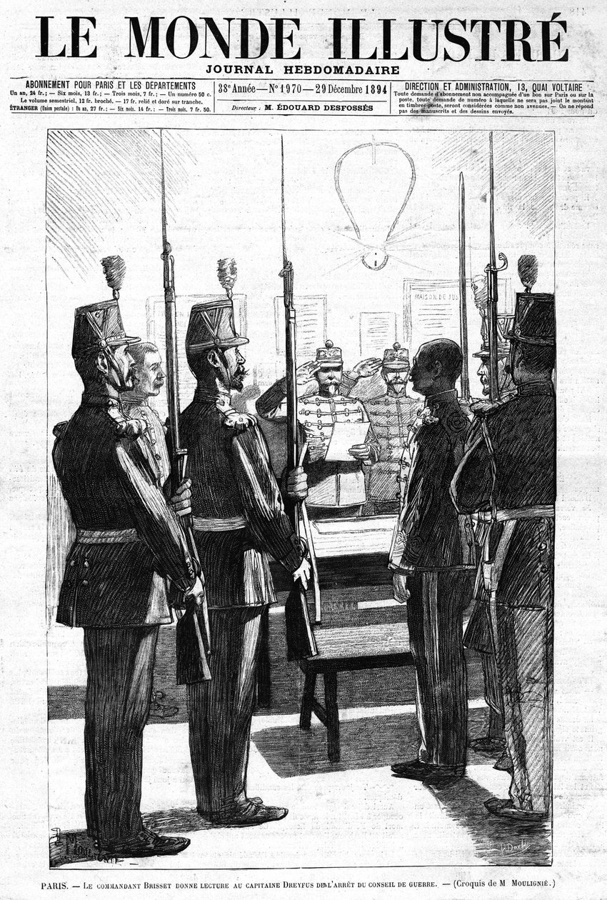 Der Kommandant liest Kapitän Alfred Dreyfus das Urteil des Kriegsgerichts vor, Paris. Skizze von Herrn de Moulignie. In „Le Monde Illustré“ Wochenzeitschrift Nr. 1970 vom 29. Dezember 1894 von L. Moulignie