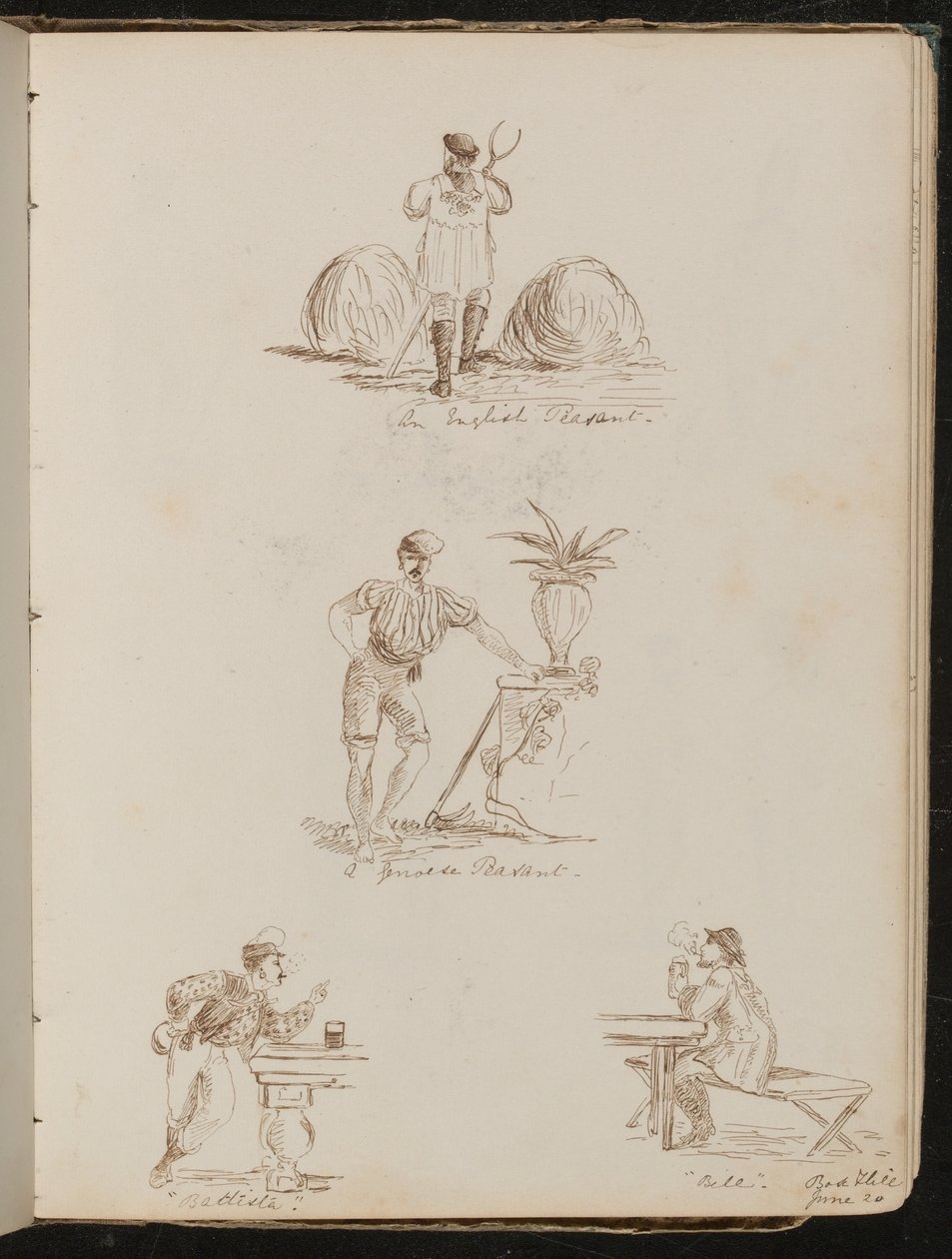 "Englischer Bauer", "ein genuesischer Bauer", Figurenstudien in Tavernen beschriftet "Battista" und "Bile", Ort und Datum "20. Juni" von Lady Butler