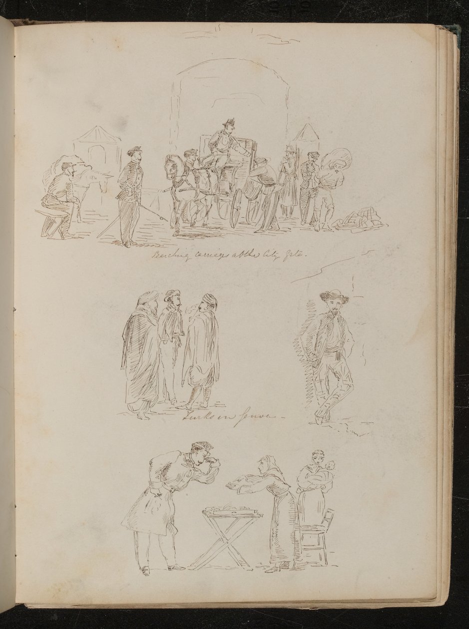 Durchsuchung von Kutschen am Stadttor und drei Studien mit der Aufschrift Türken in Genua, rauchende männliche Figur, eine Wahrsagerin mit einem Soldaten von Lady Butler