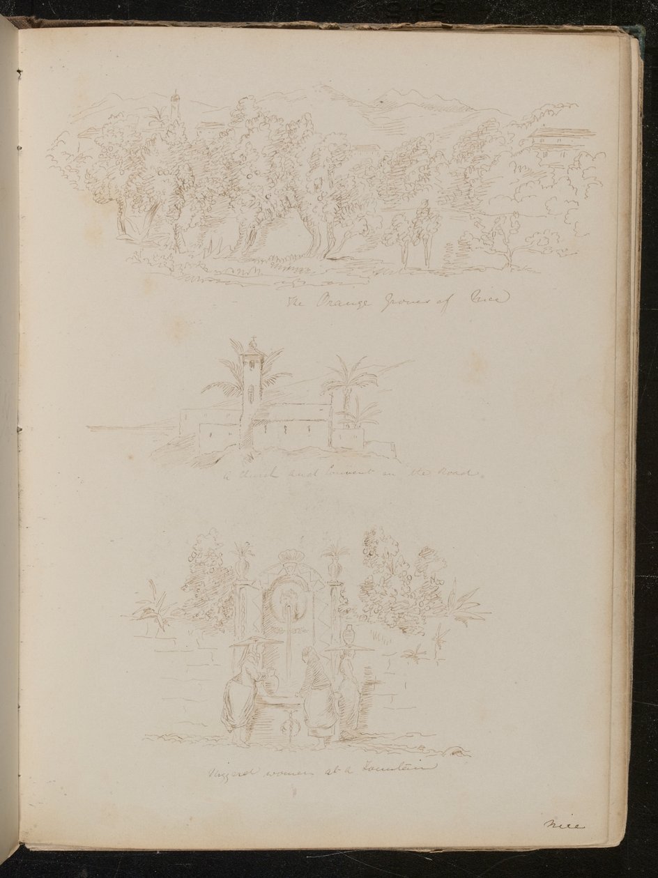 Studie der Orangenbauern von Nizza, architektonische Studie einer Kirche und eines Klosters an der Straße, Nizzard-Frauen an einem Brunnen von Lady Butler