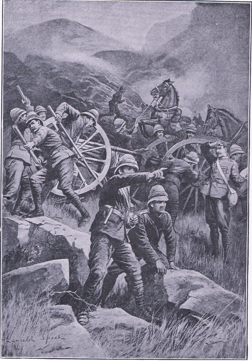 Ein umgestürztes Geschütz auf einem Hügel, aus After Pretoria: Der Guerillakrieg veröffentlicht von Harmsworth Bros Limited, 1901 von Lancelot Speed