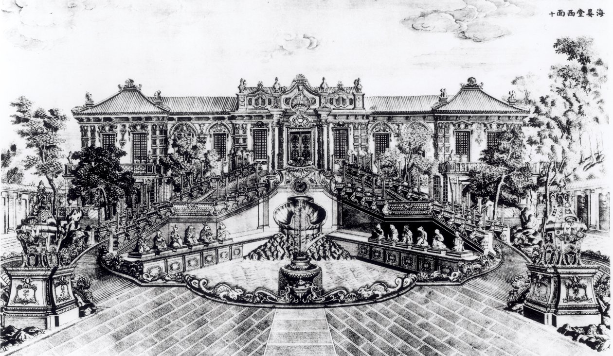 Palast der Ruhe des Meeres und die Wasseruhr, Garten von Yuan Ming Yuan, Peking, 1783-86 von Lang Shining