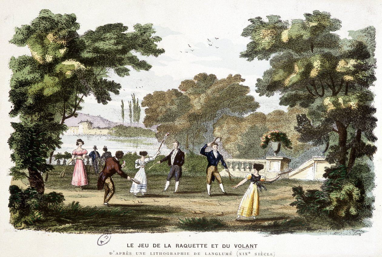 Alte Spiele: das Spiel von Schläger und Federball, Vorläufer von Badminton, basierend auf einer Lithographie von Langlumé, 19. Jahrhundert. von Langlume Langlume