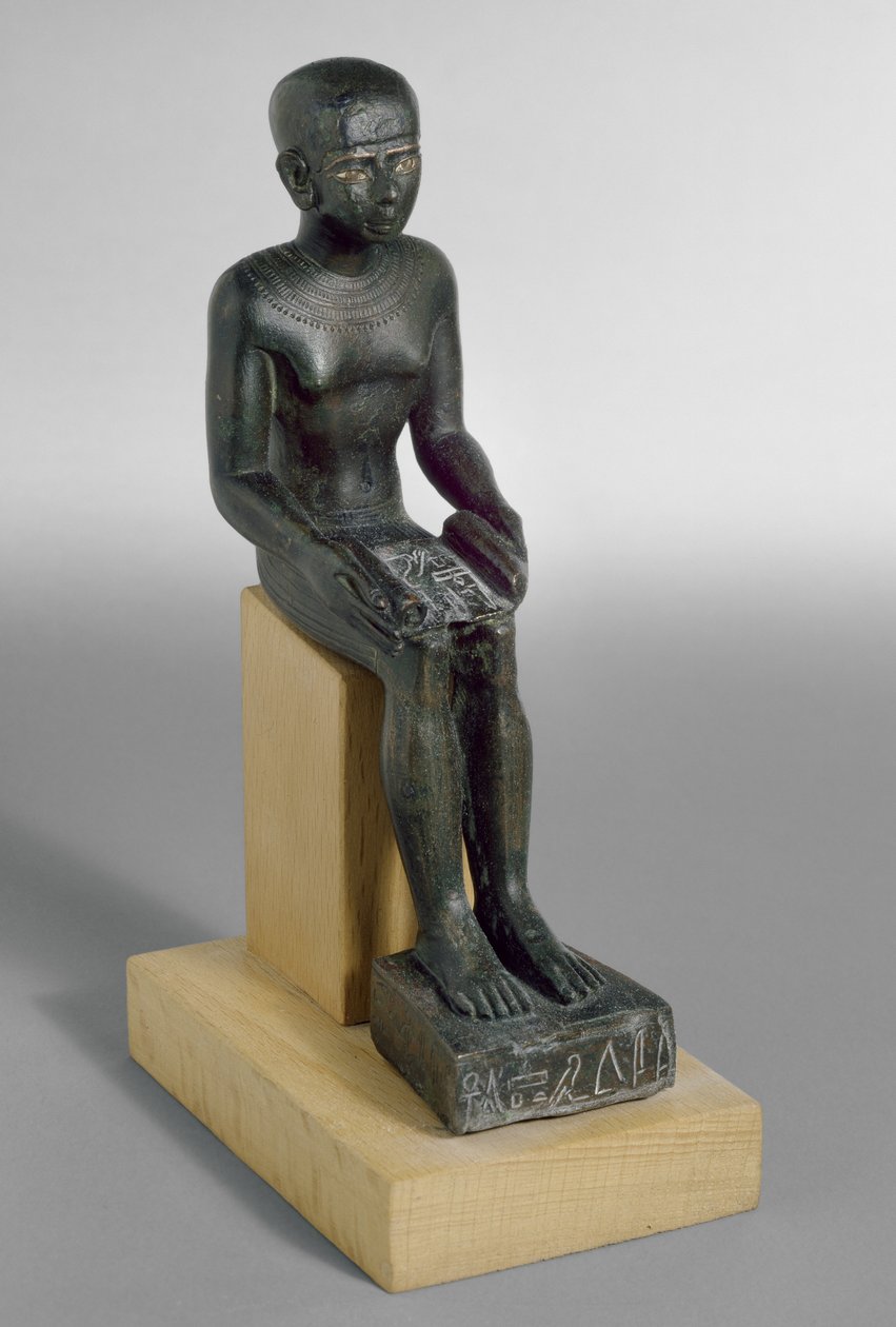 Statuette des Gottes Imhotep, die Augen mit Kupfer und Gold eingelegt von Late Period Egyptian