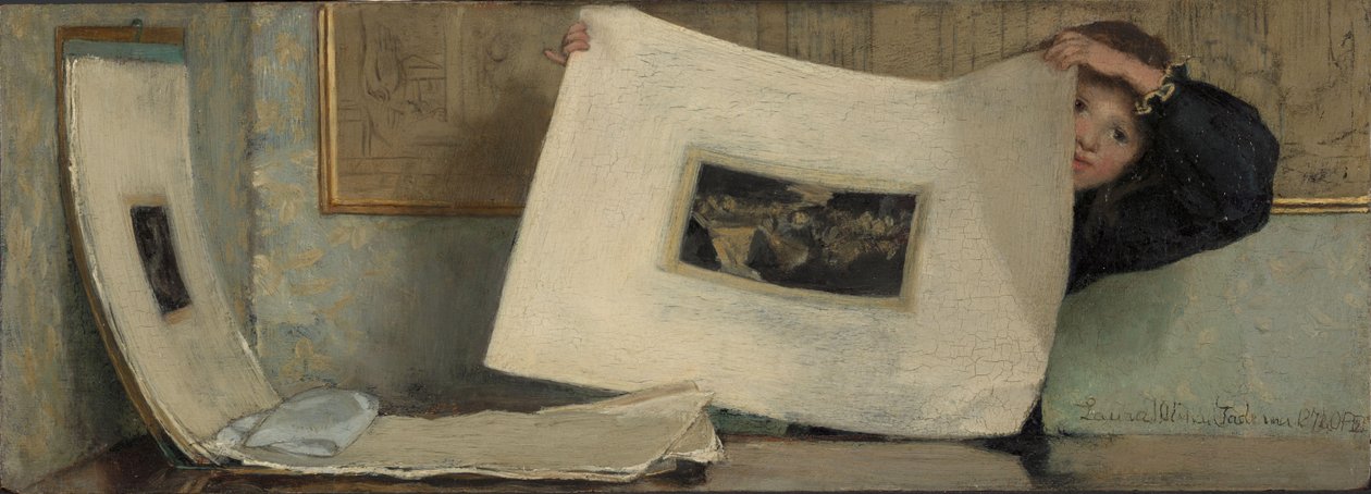 Anna blättert durch ein Portfolio von Drucken von Laura Theresa Alma Tadema (Lady)