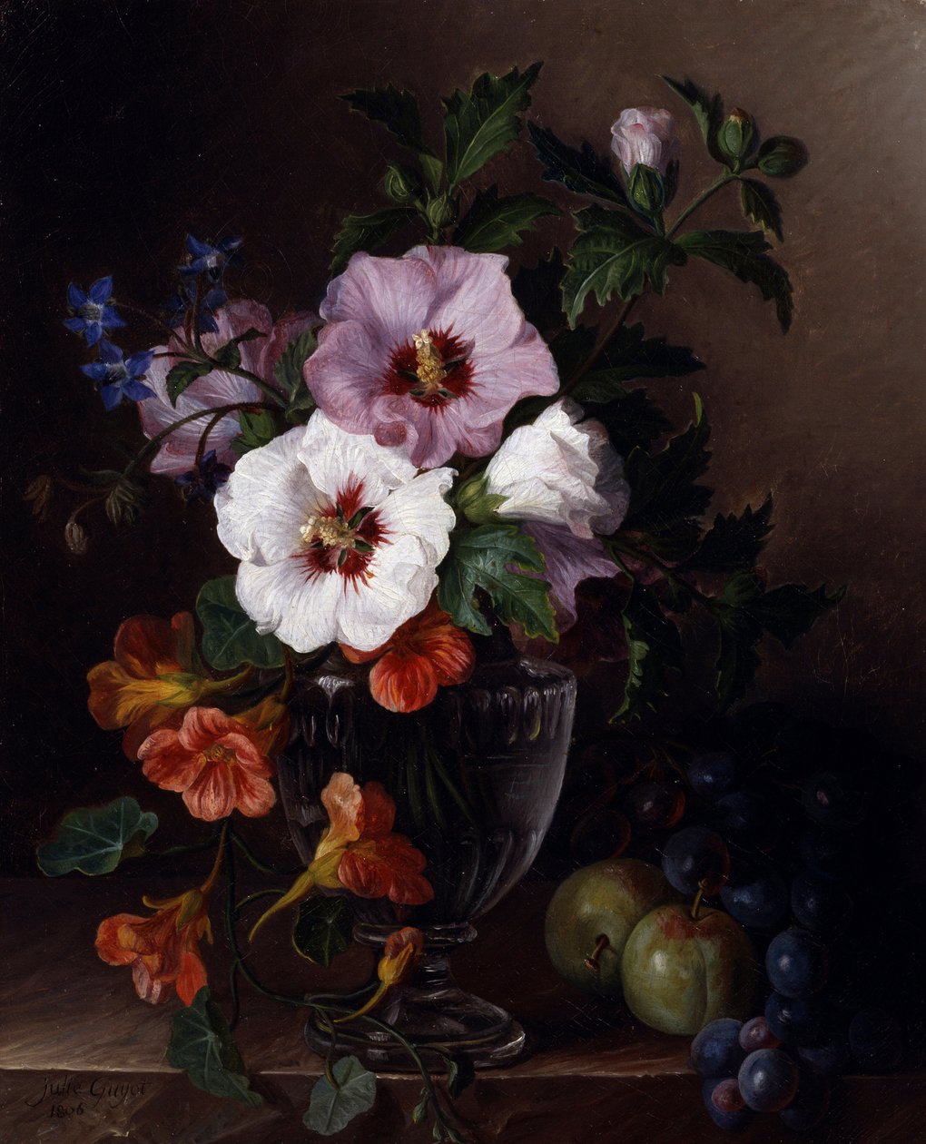Stillleben mit Hibiskus und Kapuzinerkresse in einer Glasvase. Sammlung Privée von Laurent Guyot