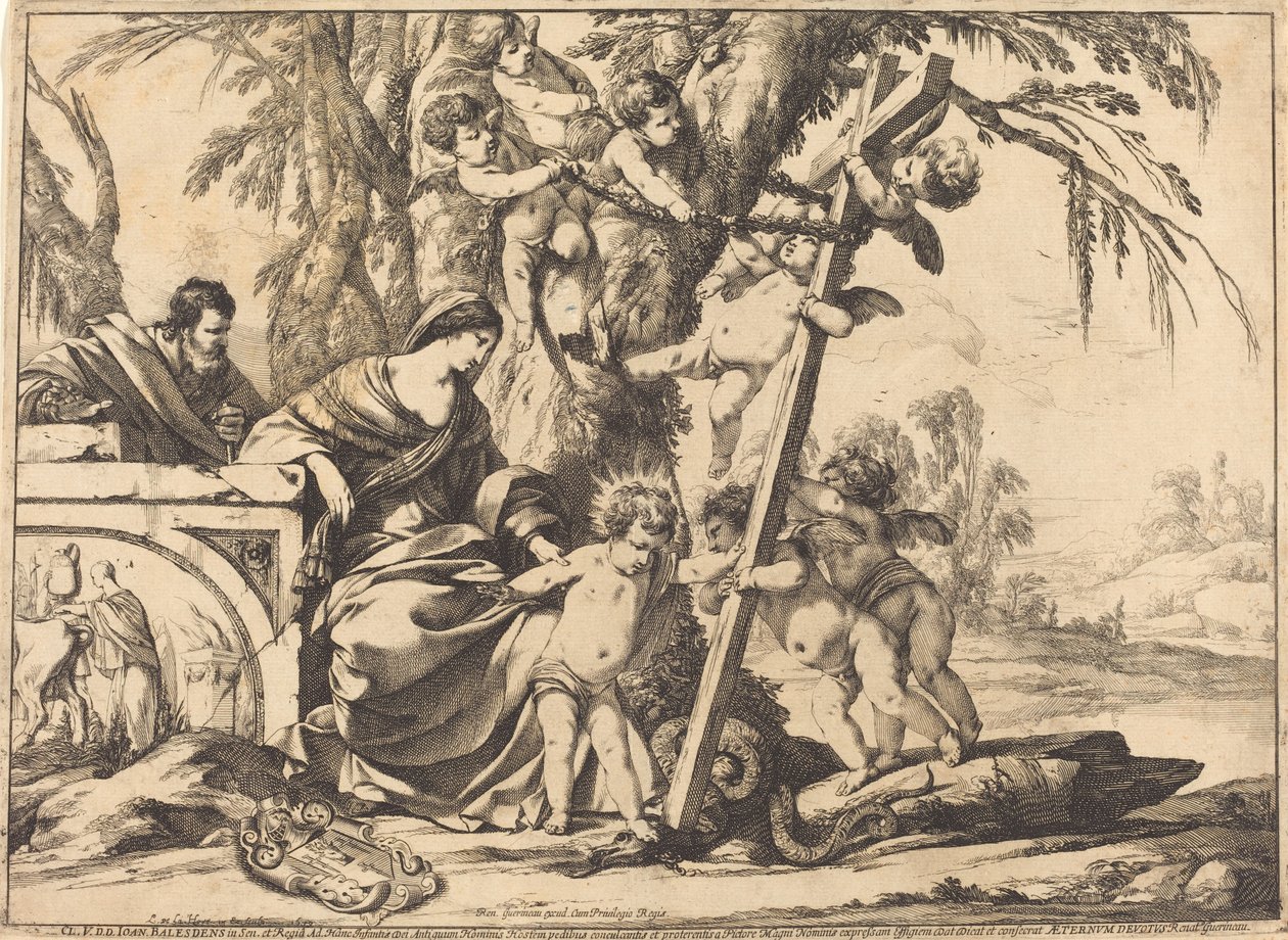 Heilige Familie mit Engeln und dem Kreuz, die eine Schlange zertritt von Laurent de la Hyre