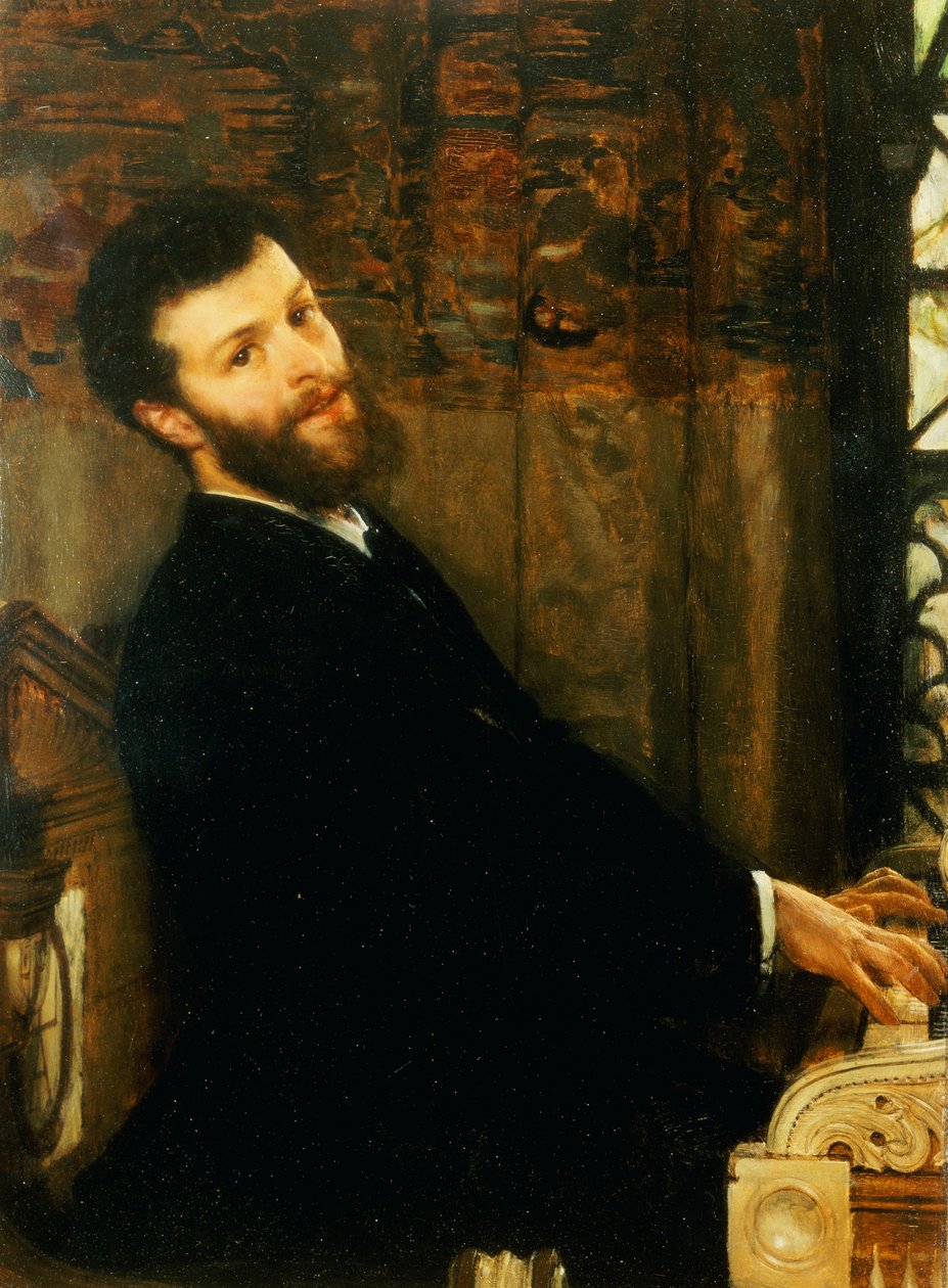 Porträt des Sängers George Henschel, der Alma-Tademas Klavier spielt, Townshend House, 1879 von Lawrence Alma Tadema