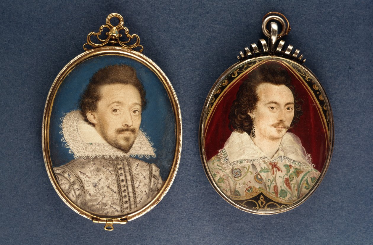 Links: Porträt eines jungen Mannes von Lawrence Hilliard, ca. 1620. Rechts: Porträt eines jungen Mannes von Nicholas Hilliard (1547-1619), ca. 1585 von Lawrence Hilliard