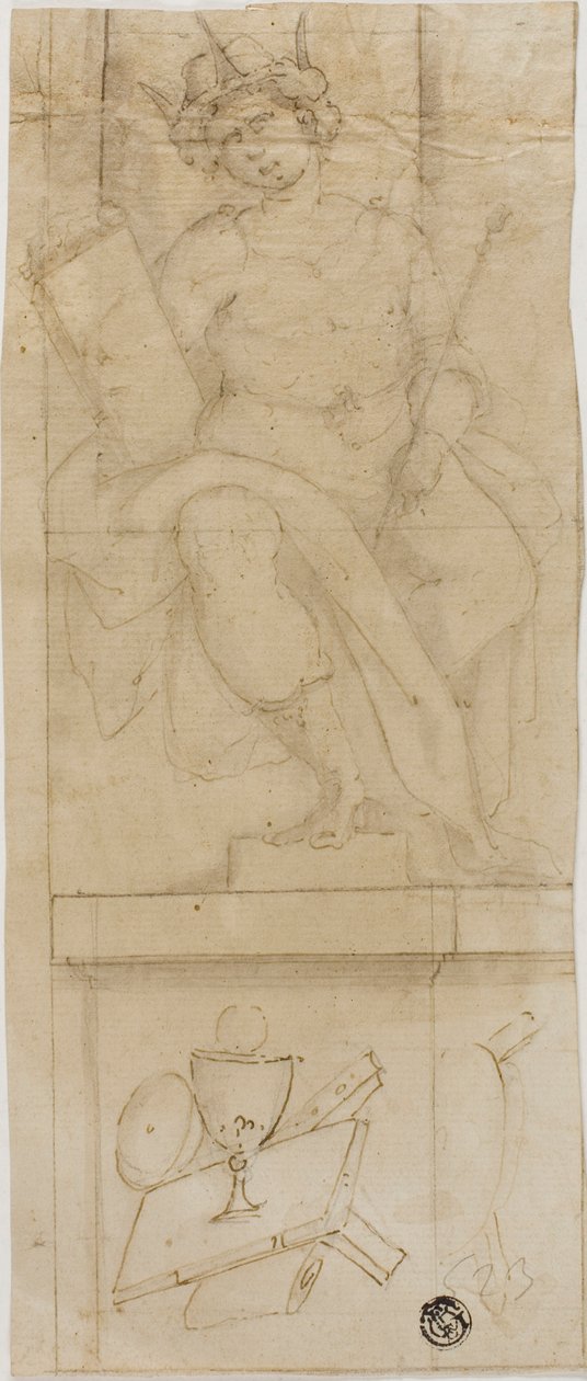 Sitzende Figur mit Krone, Zepter und Buch haltend, mit Hostie darunter von Lazzaro Tavarone