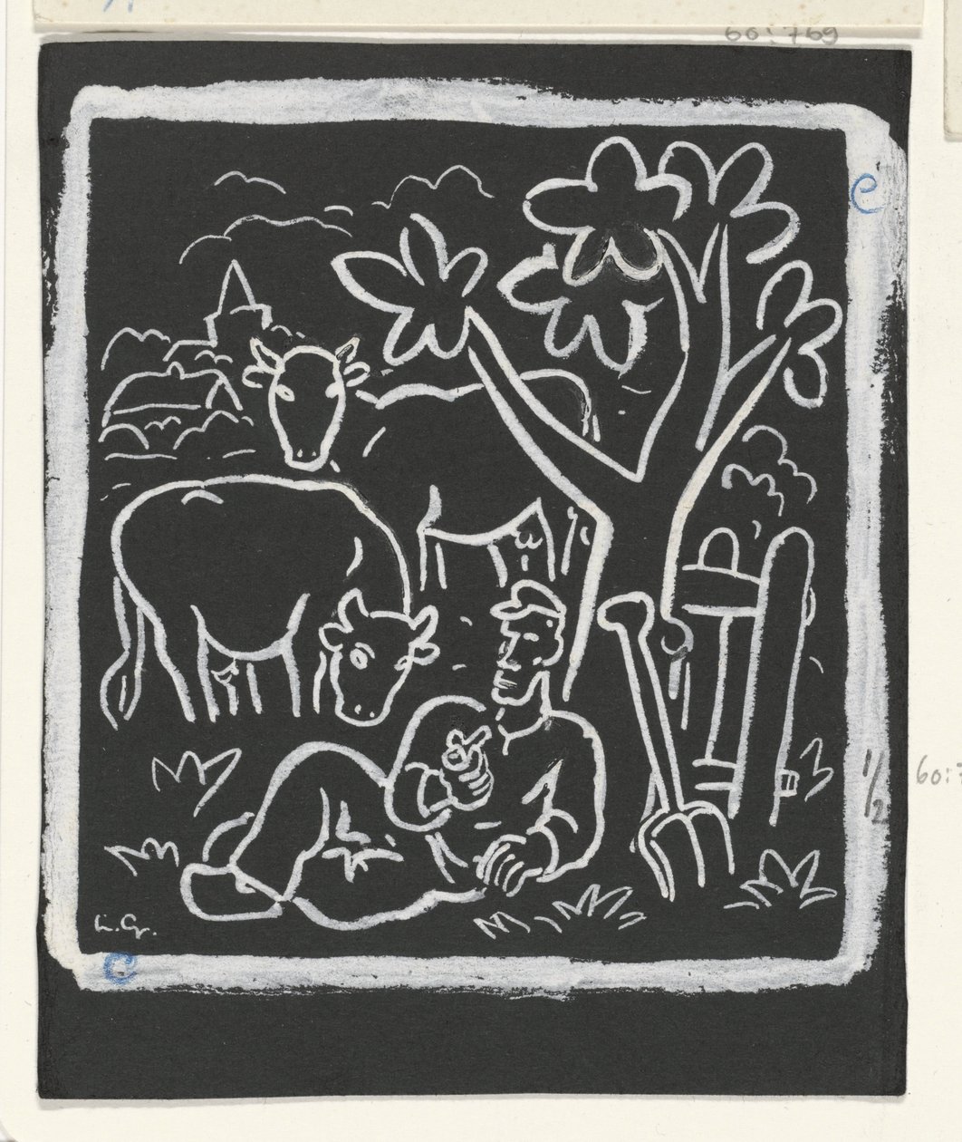 Bauer ruht unter einem Baum auf einer Weide mit Kühen von Leo Gestel (signed by artist)