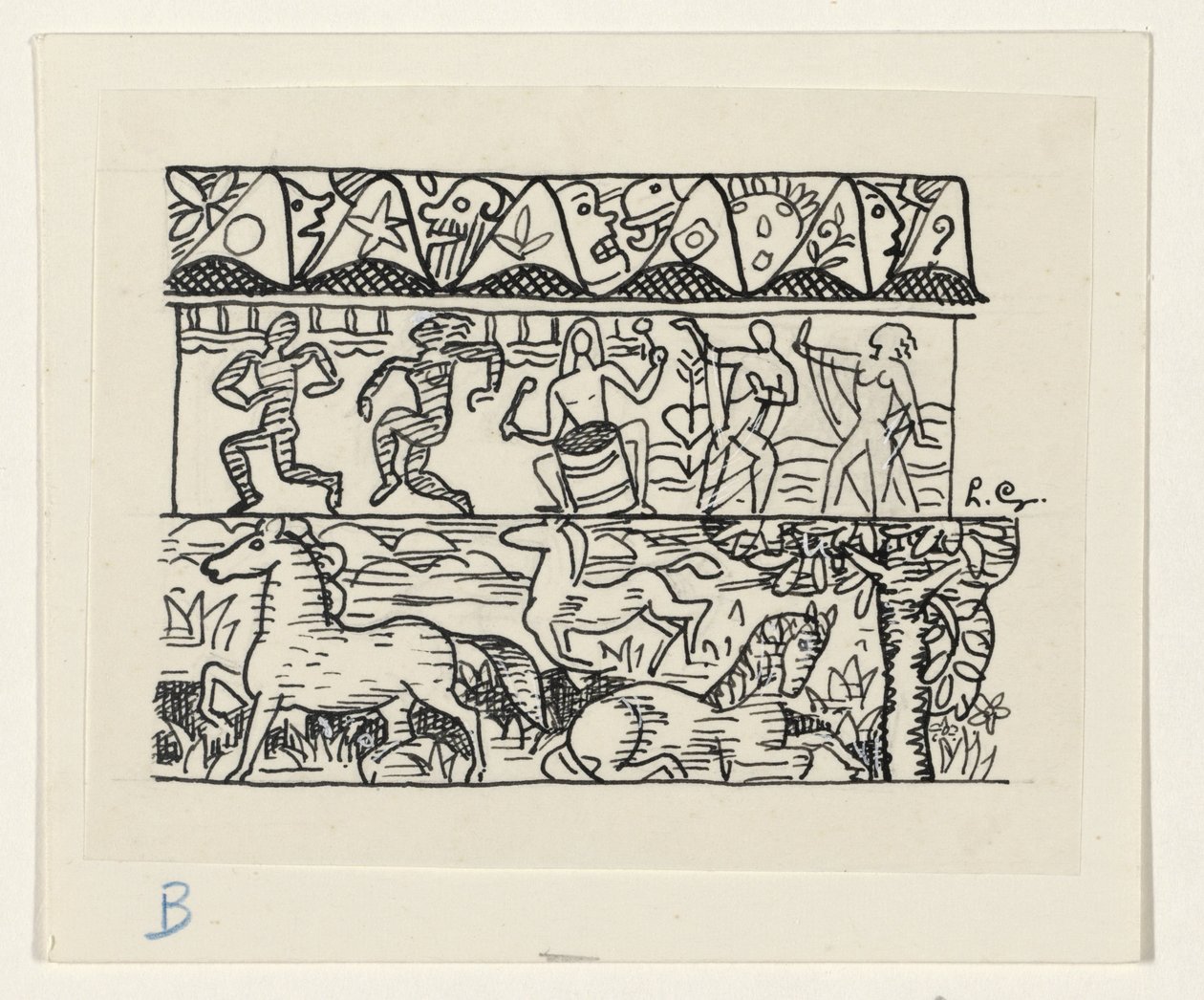 Pferde, tanzende Menschen und Masken von Leo Gestel (signed by artist)