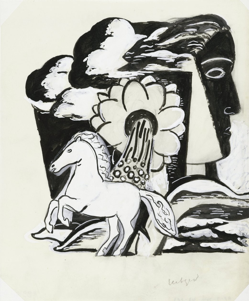 Steigendes Pferd, Blume und Kopf (Skizze) von Leo Gestel (signed by artist)