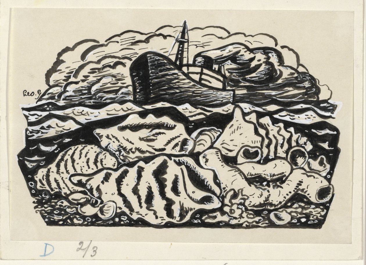 Dampfschiff auf See mit Muscheln am Strand von Leo Gestel (signed by artist)