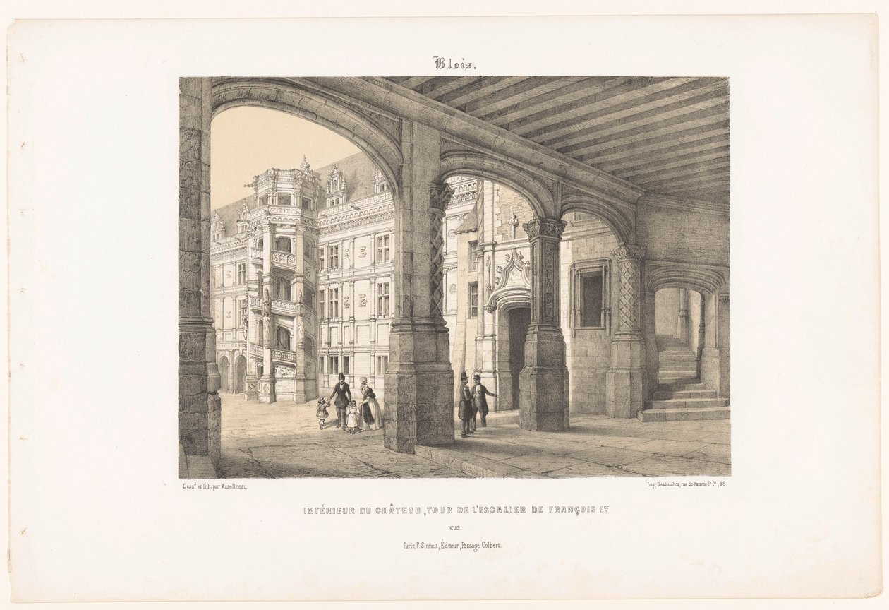 Ansicht des Innenraums des Schlosses von Blois mit dem achteckigen Treppenturm von König Franz I. von Leon Auguste Asselineau