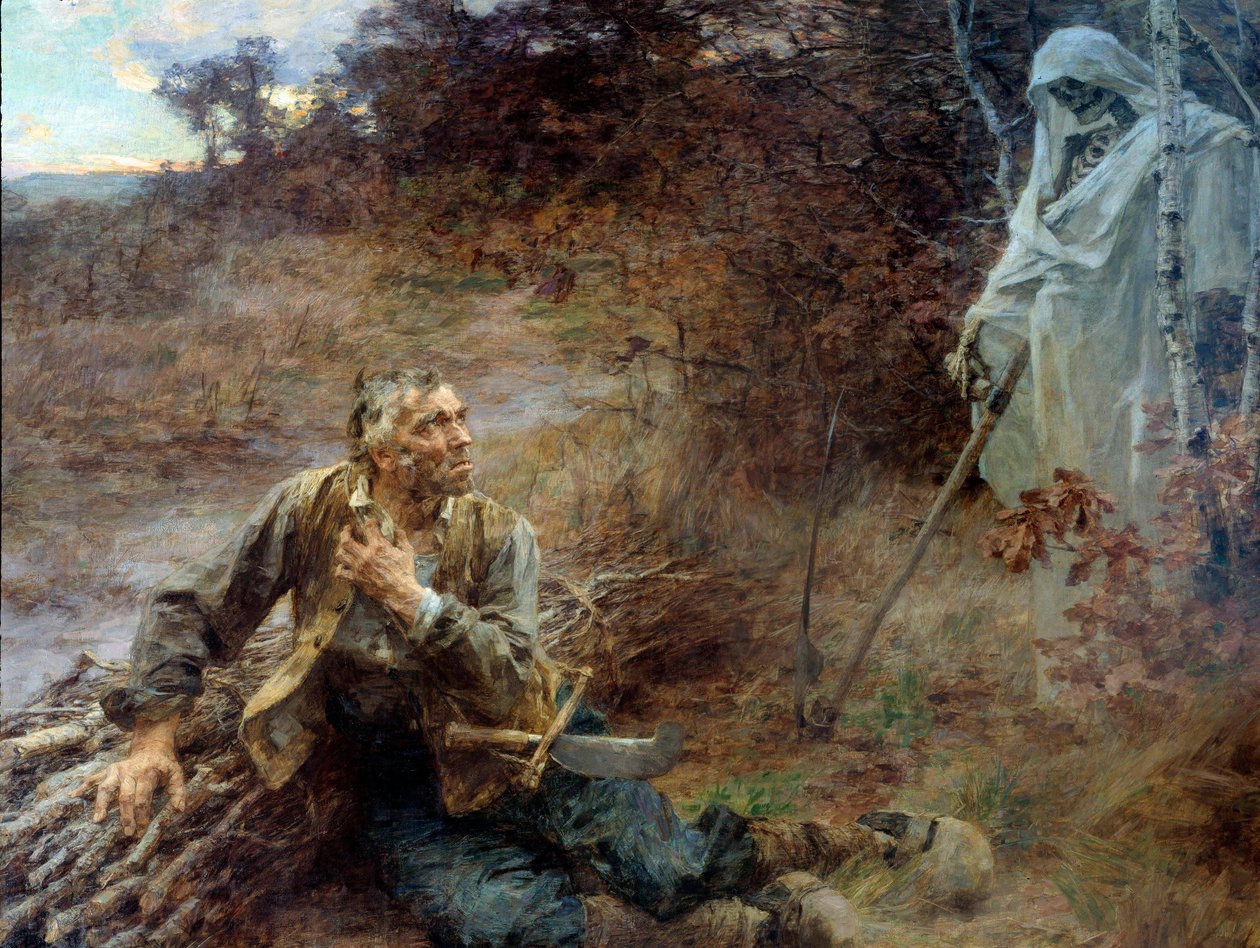 Der Tod und der Holzfäller. Illustration für die Fabel von Jean de La Fontaine (1621-1695). Gemälde von Leon Augustin Lhermitte (1844-1925) 1893, 2.06 x 2.42 m. Château-Thierry, Musée La Fontaine von Leon Augustin Lhermitte