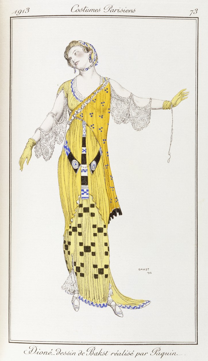 Pariser Kleidung: Dione-Zeichnung von Bakst ausgeführt von Paquin, 1913 von Leon Bakst