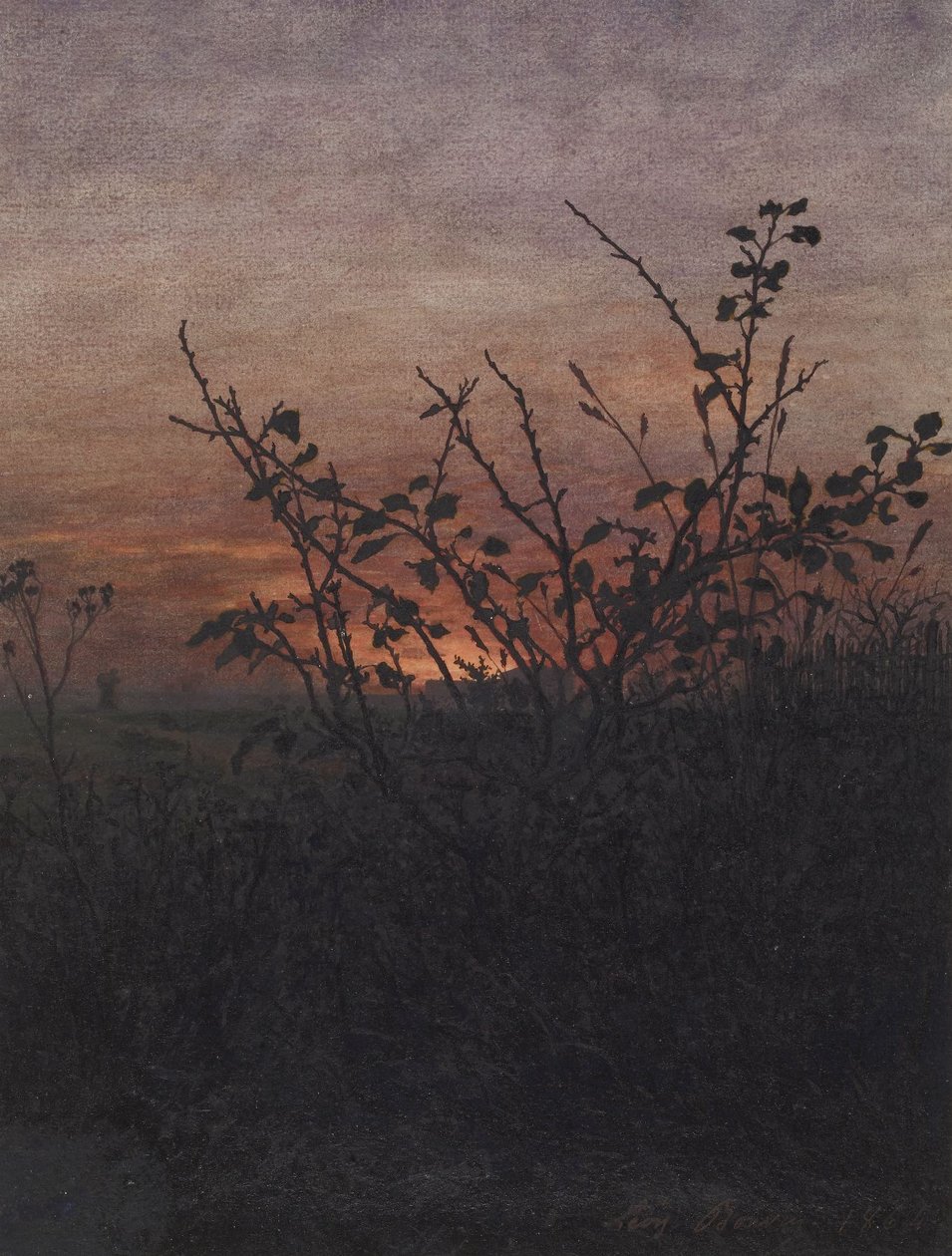 Schlehdorn (?) vor einer Landschaft bei Sonnenuntergang von Léon Bonvin