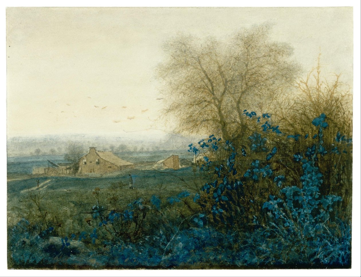 Landschaft mit Bauernhaus und Bauer mit Schubkarre von Léon Bonvin