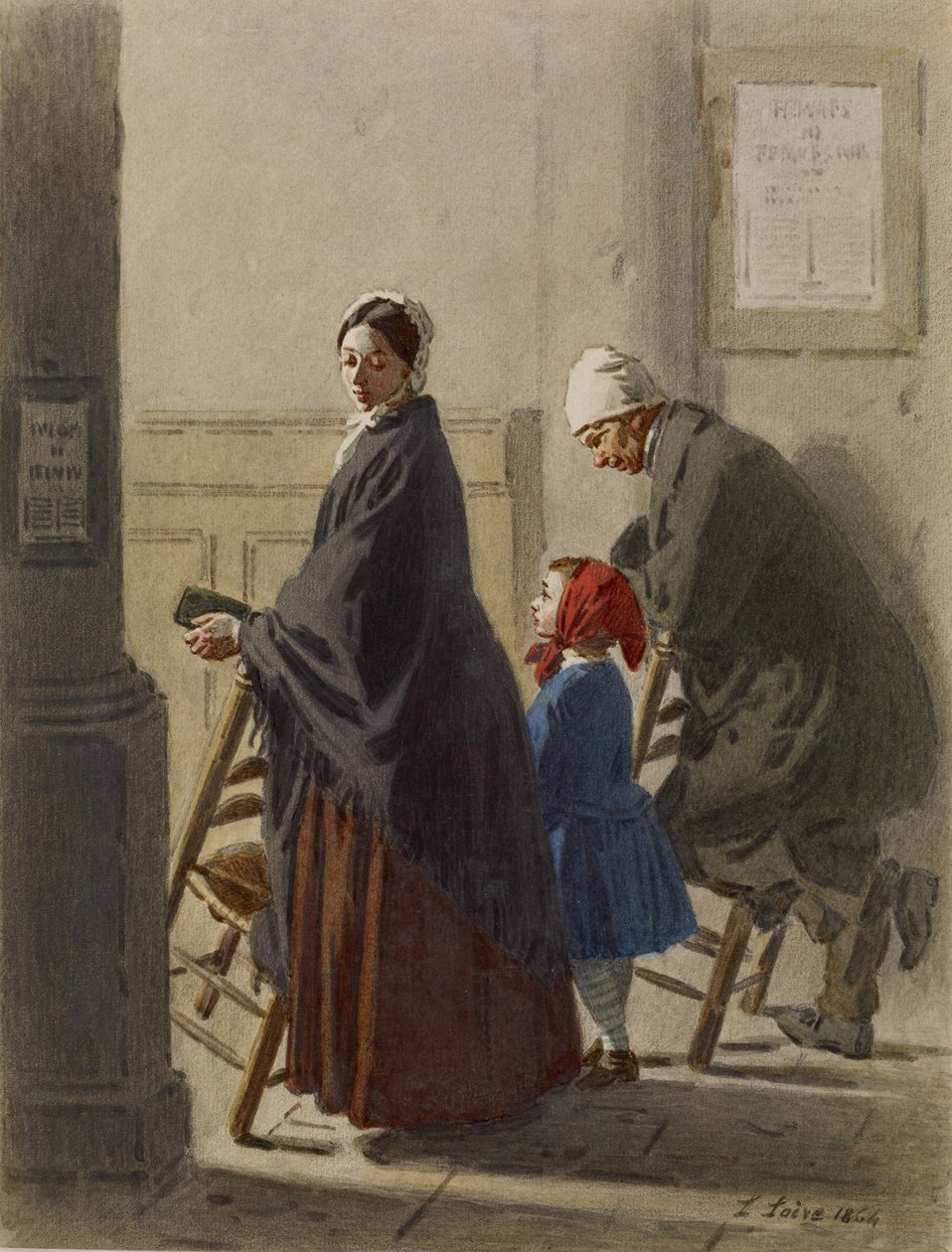 Mann, Frau und Mädchen beim Gebet in der Kirche, 1864 von Leon Henri Antoine Loire