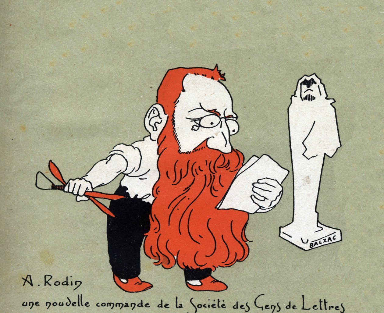 Karikatur von Auguste Rodin mit einem neuen Auftrag der Societe des gens de lettres (Skulptur von Balzac) - Illustration von Leon Lebegue - Gravur in „Le sun-du-dimanche“ von Leon Lebegue