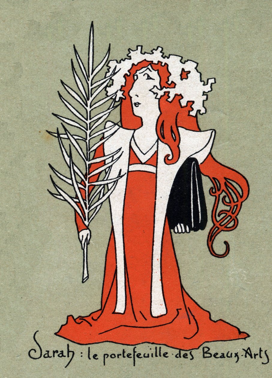 Karikatur von Henriette Rosine Bernard, genannt Sarah Bernhardt, als Portfolio der Schönen Künste - Illustration von Leon Lebegue - Gravur in „Le sun-du-dimanche“ von Leon Lebegue
