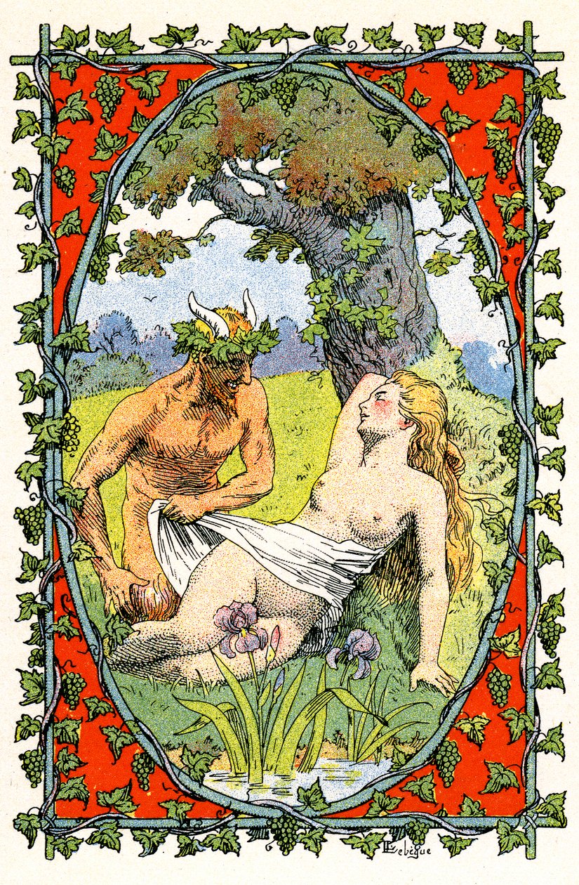 Ein Faun enthüllt den nackten Körper einer schlafenden Nymphe von Leon Lebegue