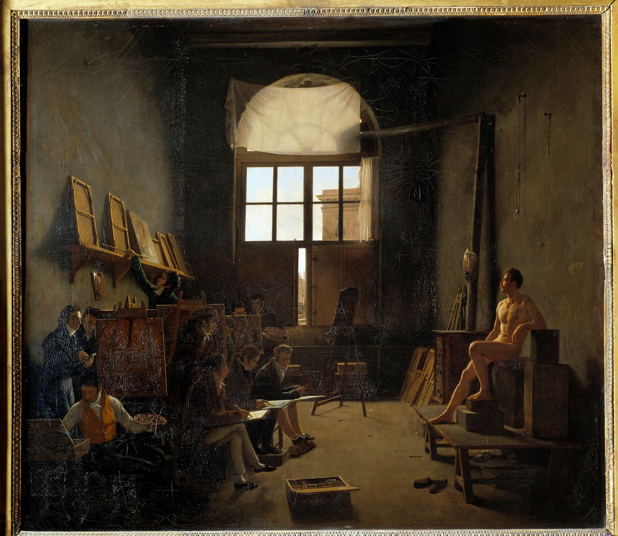 Innenansicht von Davids Atelier am Collège des Quatre-Nations im Jahr 1814 (heutiges Institut de France). Gemälde von Mathieu Cochereau (1793-1817) von Leon Mathieu Cochereau