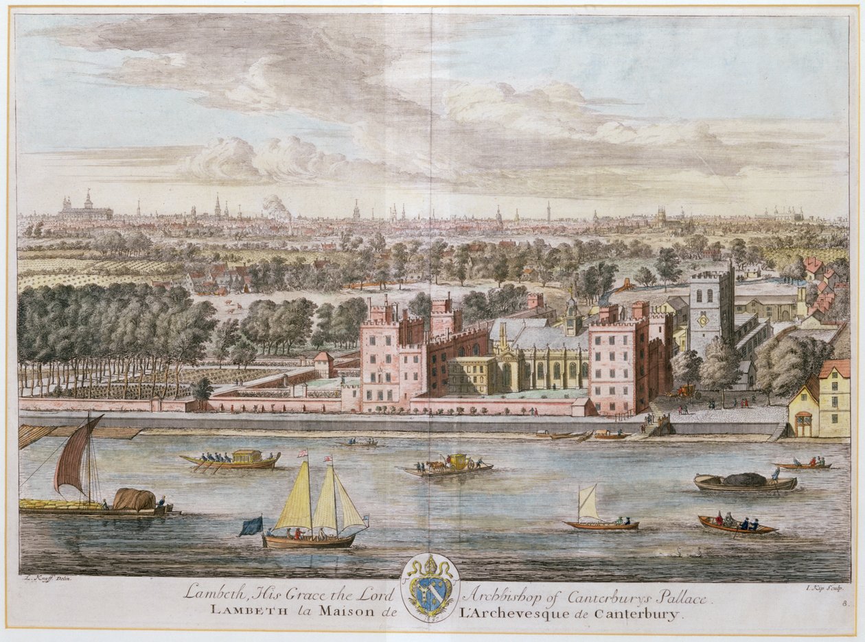 Lambeth Palace, Sitz des Erzbischofs von Canterbury, graviert von Johannes Kip von Leonard Knyff