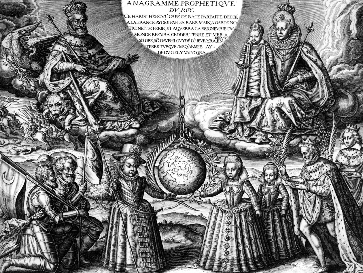Französische Königsfamilie im Jahr 1607 (Propaganda): Französischer König Henri IV und seine Frau Königin Marie de Medicis halten ihre Tochter Christine; unten: ihre anderen Kinder: der zukünftige Ludwig XIII, Elisabeth und Henriette-Marie. Rechts: der Kön von Leonard Gaultier