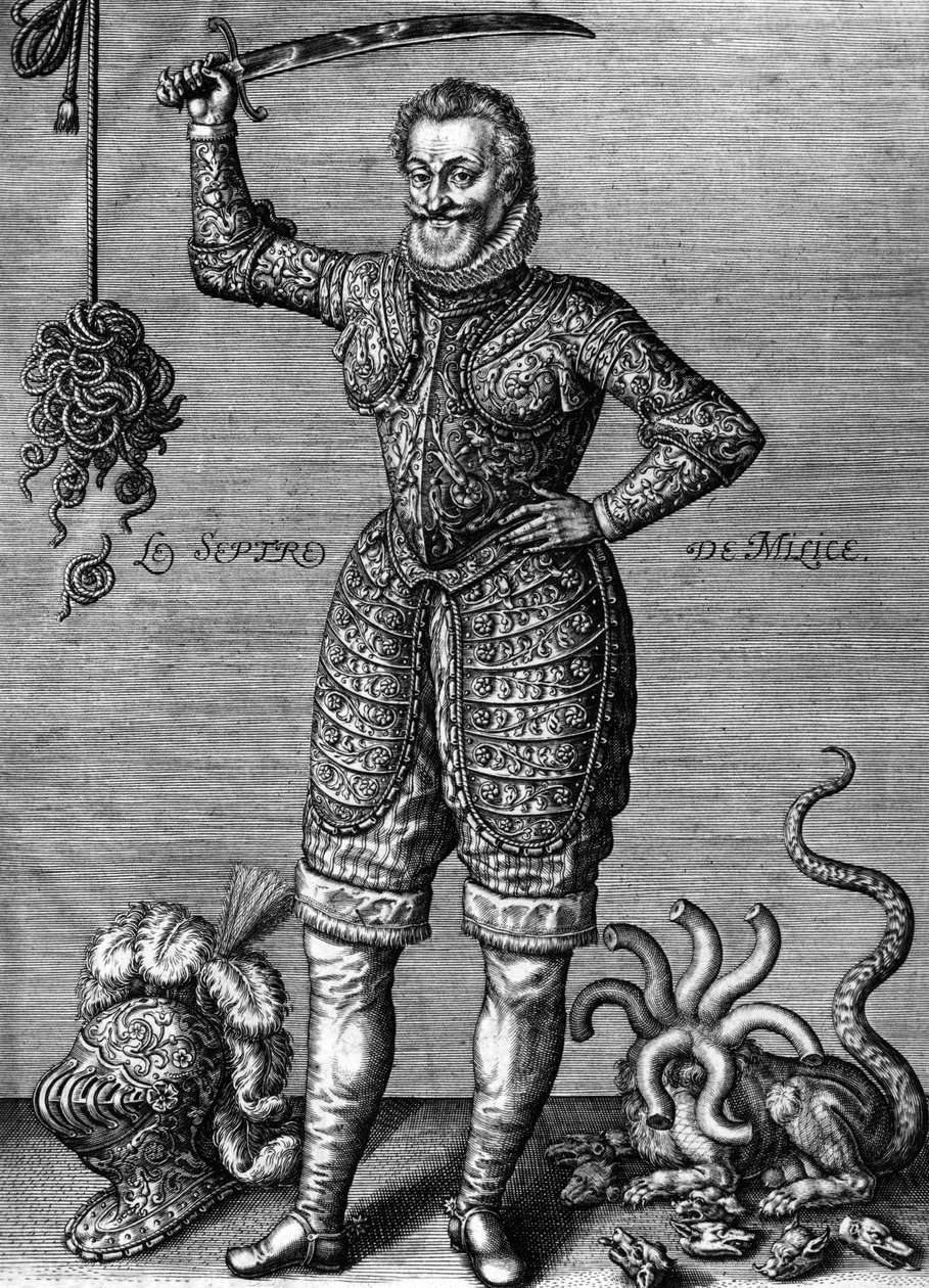 Henri IV (1553-1610) französischer König von 1589-1610, hier in Rüstung, ein Schwert haltend, als Rächer der Ungerechtigkeiten, Gravur von Leonard Gaultier von Leonard Gaultier