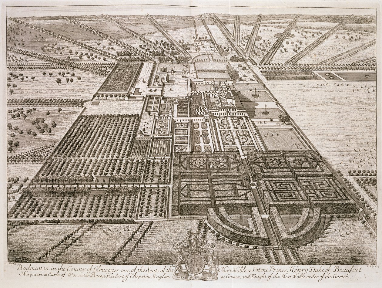 Badminton House in der Grafschaft Gloucester, graviert von Johannes Kip von Leonard Knyff