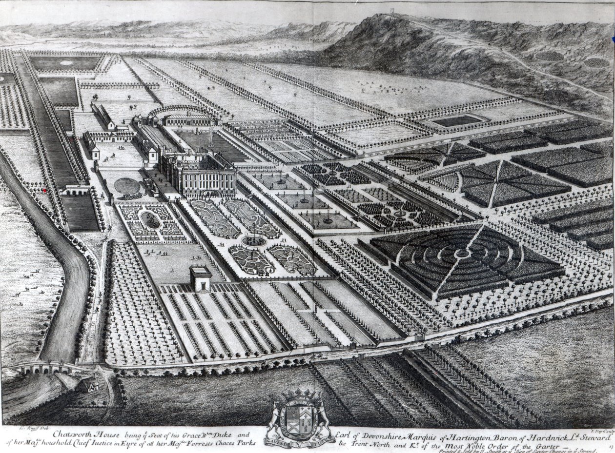 Chatsworth House, graviert von Johannes Kip von Leonard Knyff
