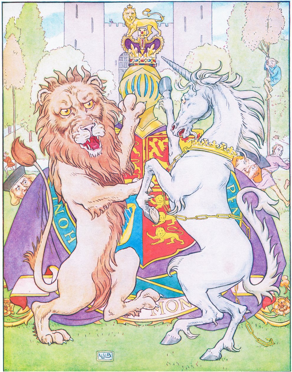 Der Löwe und das Einhorn kämpften um die Krone (Farblithographie) von Leonard Leslie Brooke