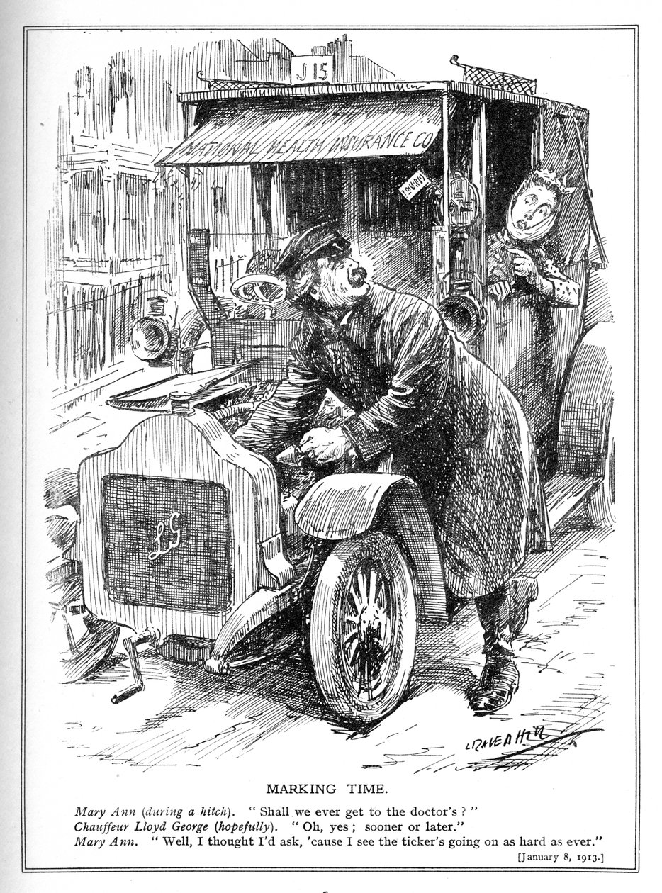 Lloyd George wird aufgehalten, einen Patienten zum Arzt zu bringen, nach seinem National Health Insurance Act, 1913 von Leonard Raven Hill