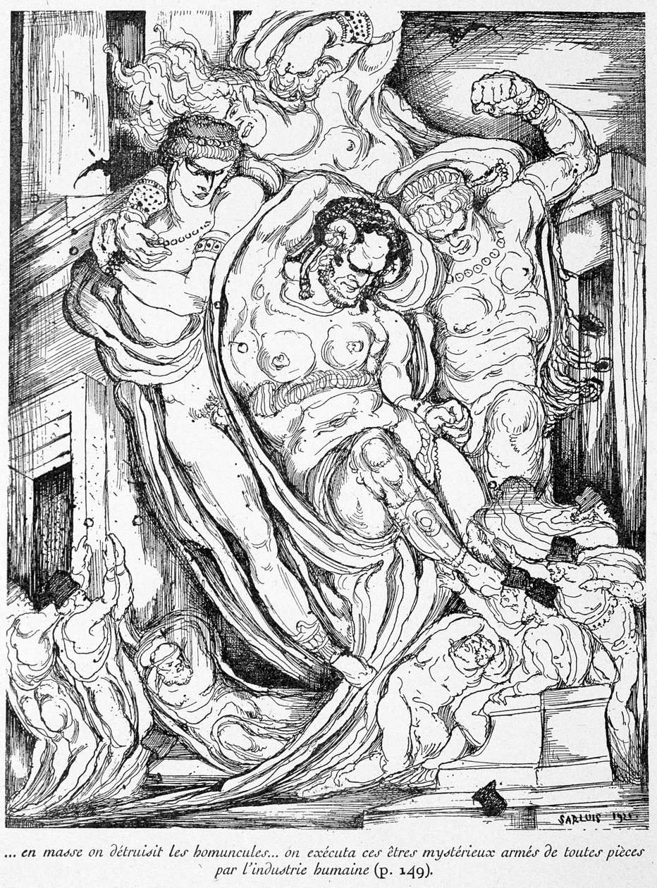 In Massen wurden die Homunkuli zerstört, diese mysteriösen Wesen wurden von der menschlichen Industrie hingerichtet - in "Reise ins Land der vierten Dimension" von G. de Pawlowski, ill. von Léonard Sarluis (1874-1949), ed. Eugène Fasquel, Paris von Leonard Sarluis