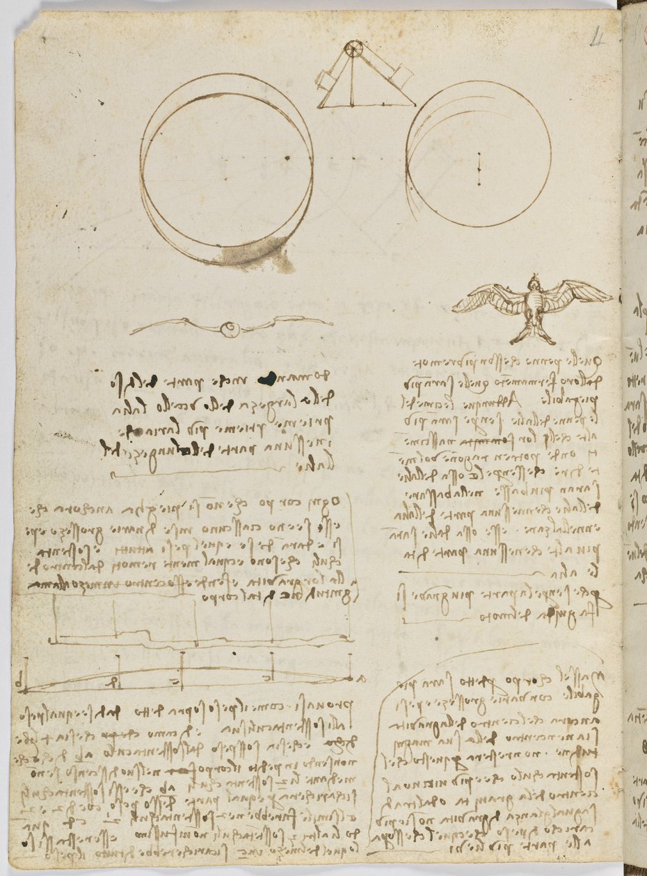 Vogelflugkodex, ca. 1505-06, Papiermanuskript, cc. 18, Blatt 4 verso von Leonardo da Vinci
