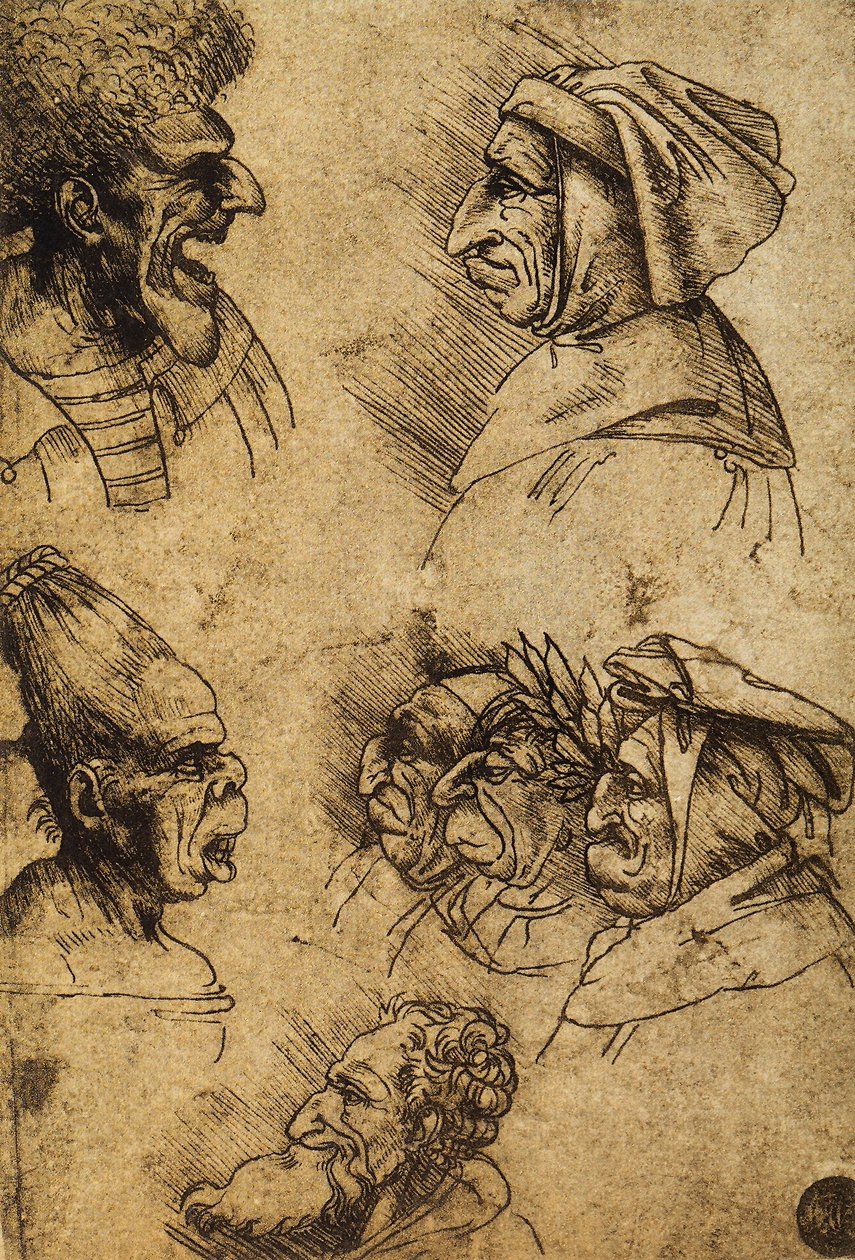 Sieben groteske Köpfe; Zeichnung von Leonardo da Vinci. Gallerie dell