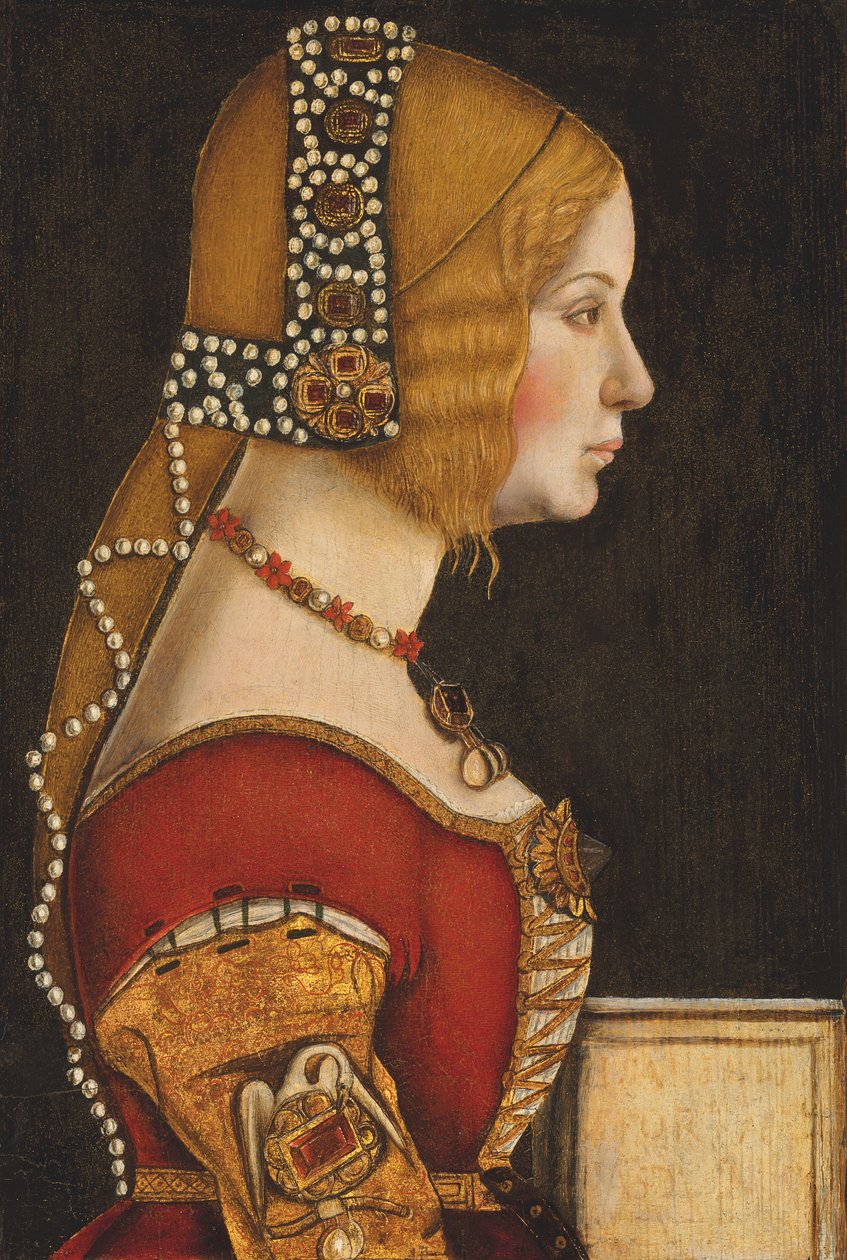 Porträt von Isabella von Aragon, Herzogin von Mailand, Halbfigur, im Profil nach rechts von Leonardo da (circle of) Vinci