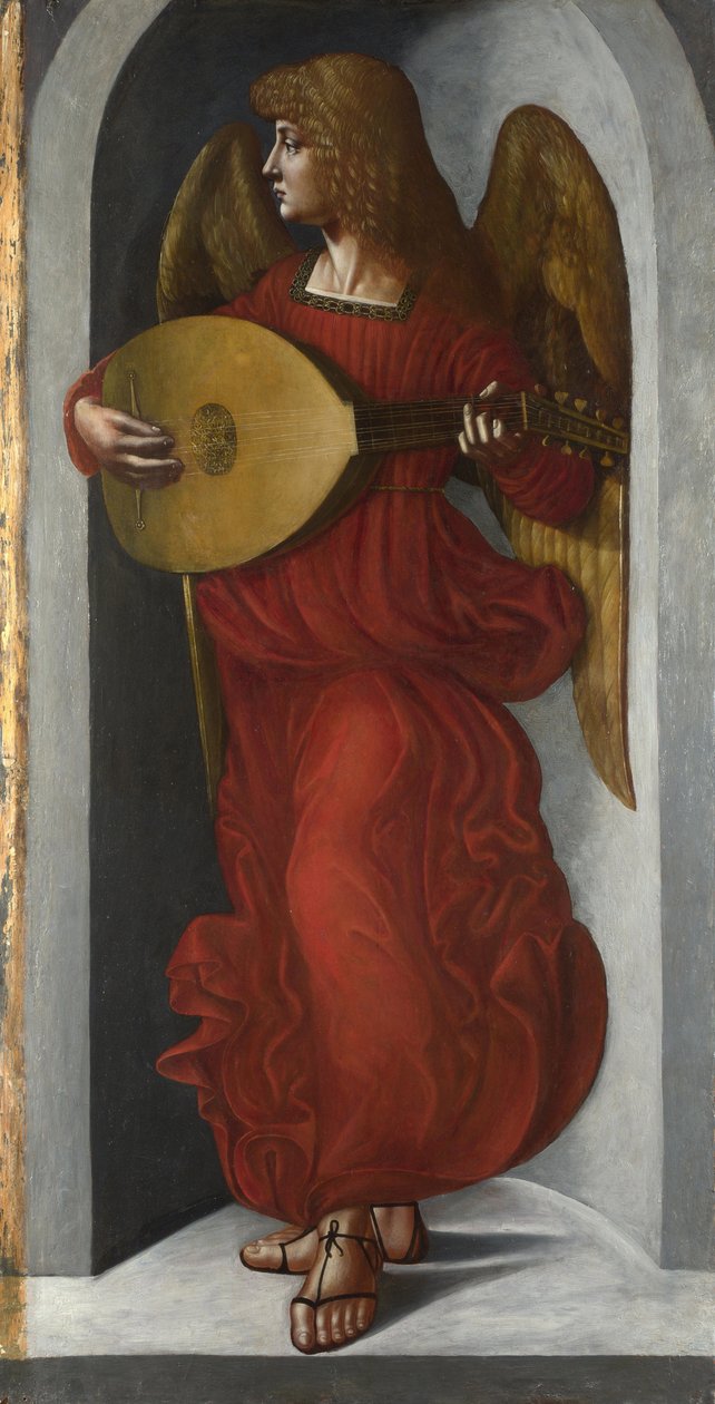 Ein Engel in Rot spielt die Laute von Leonardo da (circle of) Vinci