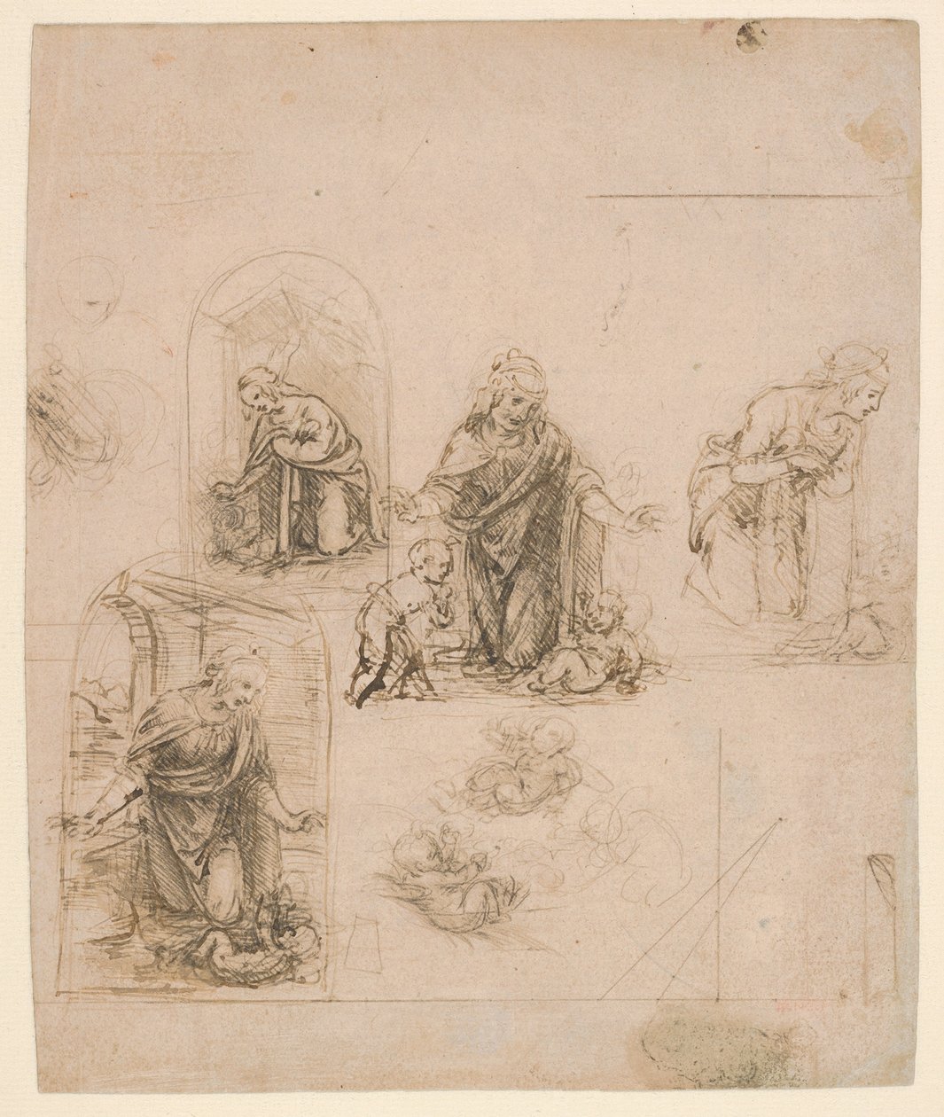 Kompositionsskizzen für die Jungfrau, die das Christkind anbetet, mit und ohne den kleinen Johannes den Täufer; Diagramm einer perspektivischen Projektion (recto); Leichte Kritzeleien (verso) von Leonardo da Vinci