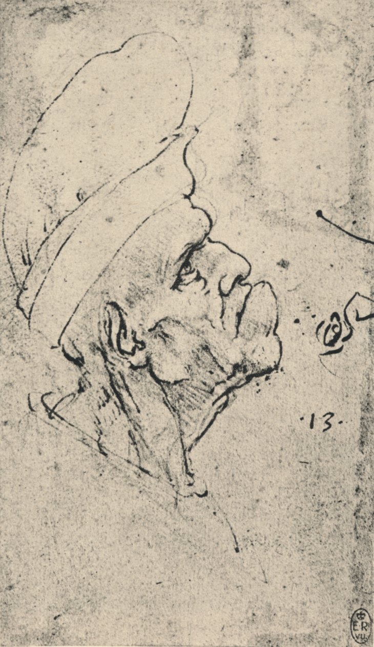Groteskes Profil eines Mannes mit Hut nach rechts, ca. 1480 von Leonardo da Vinci