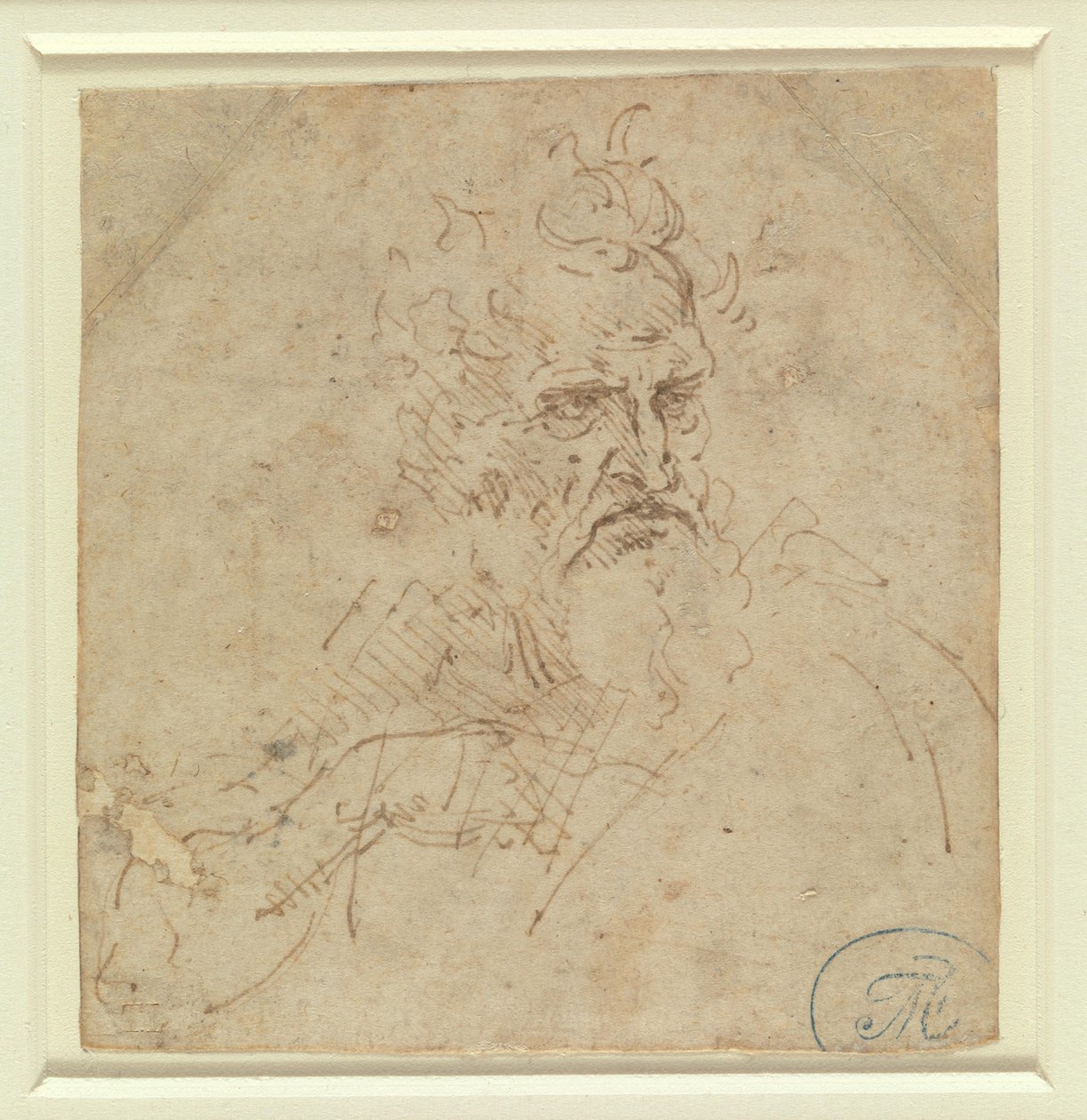 Kopf eines grimmig blickenden Greises mit rechtem Arm von Leonardo da Vinci