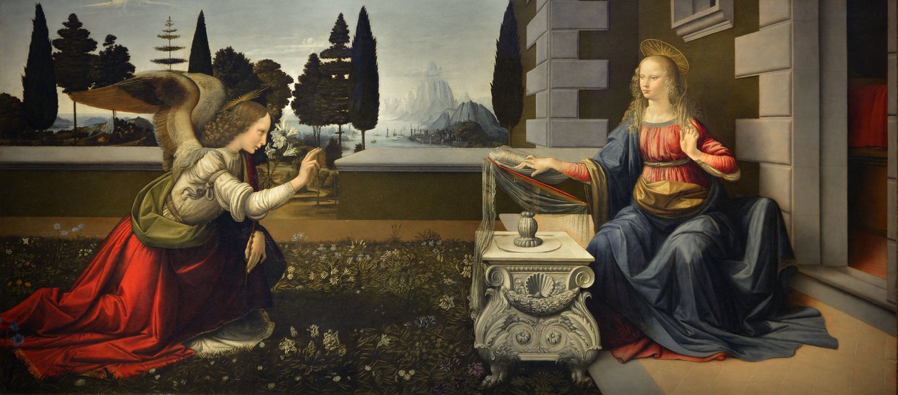 Italien Toskana Florenz, Uffizien: Die Verkündigung, Gemälde von Leonardo da Vinci (1452-1519), Öl auf Holz, ca. 1472-1475, 98x217 cm von Leonardo da Vinci